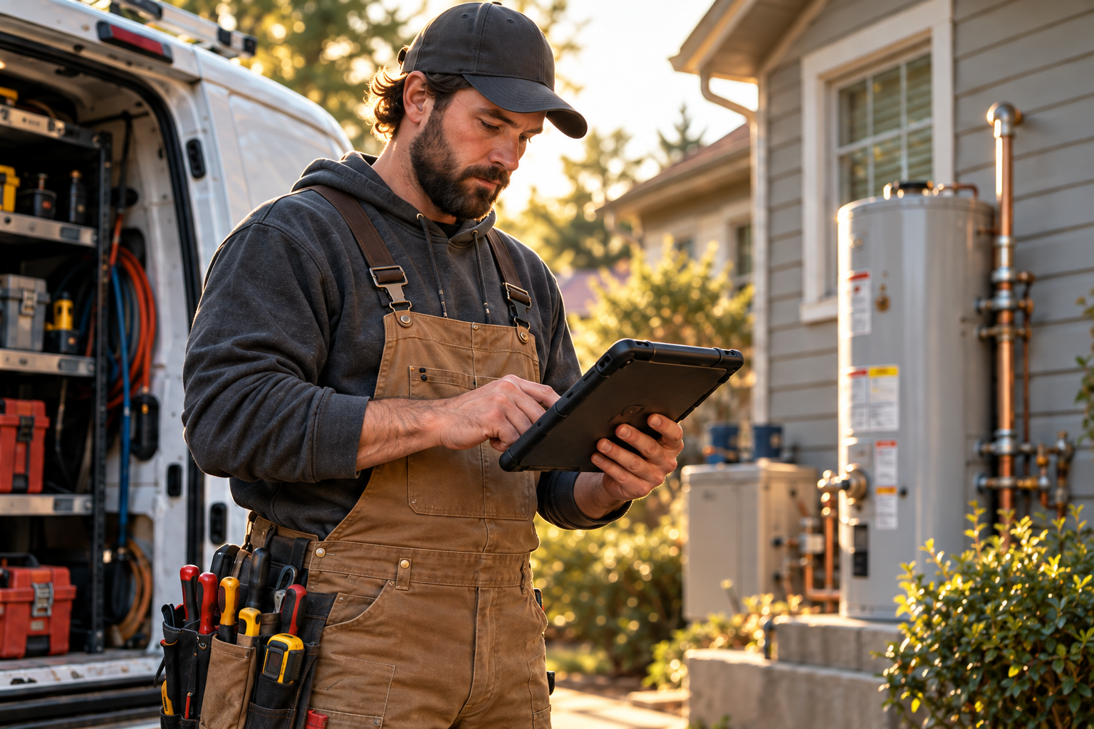 A tradesperson using a tablet beside a service van at a residential jobsite